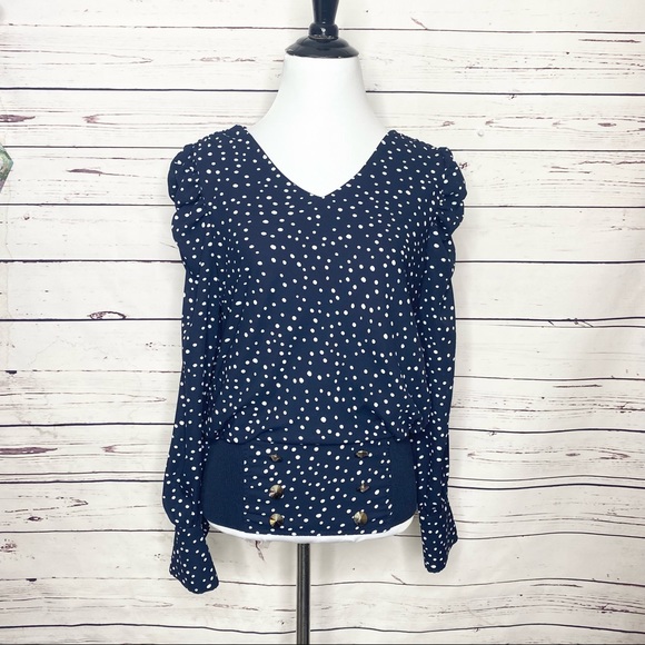 Carmen Marc Valvo Navy Blue & White Polka Dot Puff Sleeve Blouse Top Size Small - Picture 10 of 10
